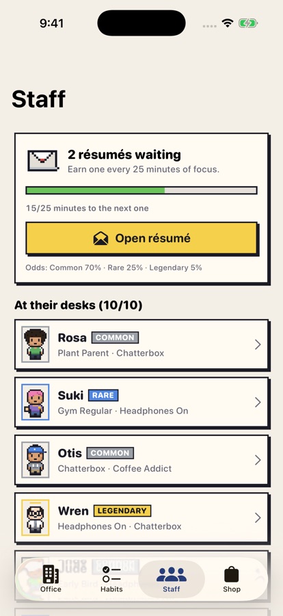 The staff list with common, rare and legendary hires